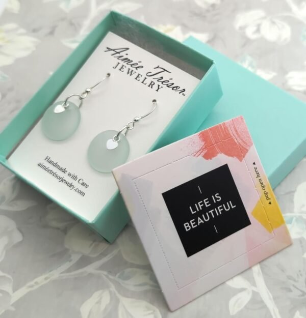 NEW! Light Sea Foam Green Recycled Sea Glass Earrings with Charming Sterling Silver Heart Charms and Sterling Silver Hooks, by Aimee Tresor Jewelry - Image 8