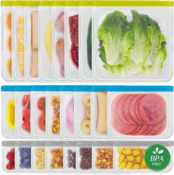 24 Pack Reusable Freezer Bags, Food Storage Bags, Reusable Bags BPA Free, Leakproof Extra Thick for Traveling & Household Same as Reusable Ziploc Bags (8 Gallon+8 Snack+8 Sandwich Bags)