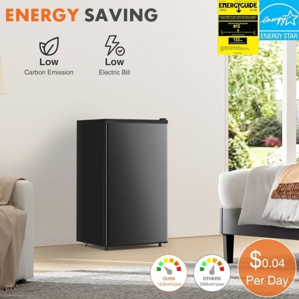 Sweetcrispy 3.2 Cu.Ft Mini Fridge with Freezer Small Refrigerator Single Door Adjustable Thermostat Energy-efficient Low Noise, Compact Fridge for Bedroom, Office, Dorm (Black) - Image 4