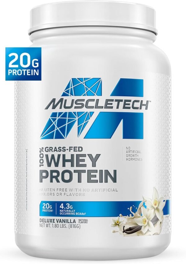Grass Fed Whey Protein MuscleTech Grass Fed Whey Protein Powder Protein Powder for Muscle Gain Growth Hormone Free, Non-GMO, Gluten Free 20g Protein + 4.3g BCAA Deluxe Vanilla, 1.8 lbs