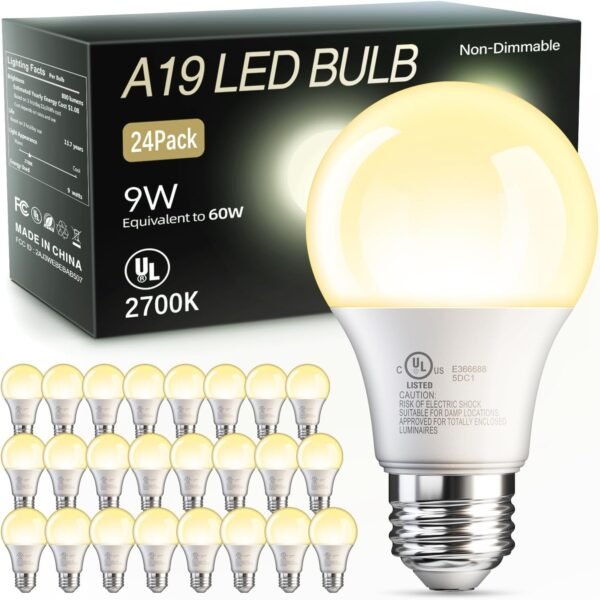 TJOY 24 Pack A19 LED Light Bulbs Soft White 2700K, 60 Watt Equivalent LED Bulb, Efficient 9W, E26 Standard Base, Non Dimmable Energy Saving Warm Light Bulb, 800LM, 120V Bulb for Bedroom Living Room