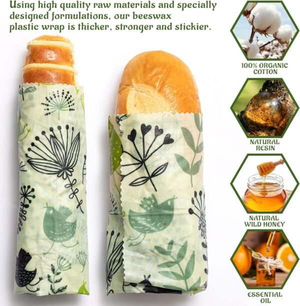 3 Pack Beeswax Wrap, Reusable Food Wraps, Eco-Friendly Reusable Beeswax Food Wraps Set, Zero Waste-Sustainable-Plastic-Free Food Storage Wrapper, 5S Apple, 1S,1M,1L/Flowers and Birds - Image 4