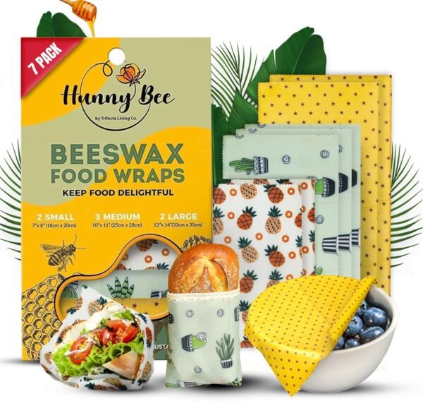 Versatile Beeswax Wraps,Set of 7-Fresh Food Keeper, Durable & Easily Cleaned, Sustainable Step Towards a Zero-Waste Kitchen, Unique Designs (Pineapple, Cactus, Star)