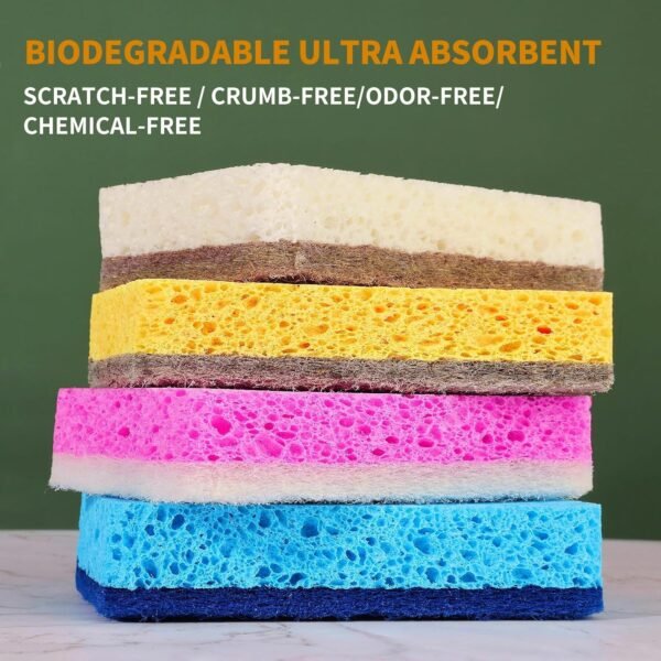 12 Pack Natural Kitchen Sponges, Plant-Based Biodegradable Sponge, Non-Scratch Scrubber for Dish & Sink Cleaning, Coconut Cellulose Household Dishwashing Color Bulk Sponges - Image 2