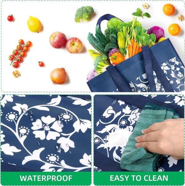 WOWBOX Reusable Grocery Bags Foldable Tote Bags Bulk with Reinforced Handles Shopping Bags for Groceries Heavy Duty Large Bags Kitchen Reusable Grocery Bags with Waterproof Coating 4-Pack, Blue - Image 3