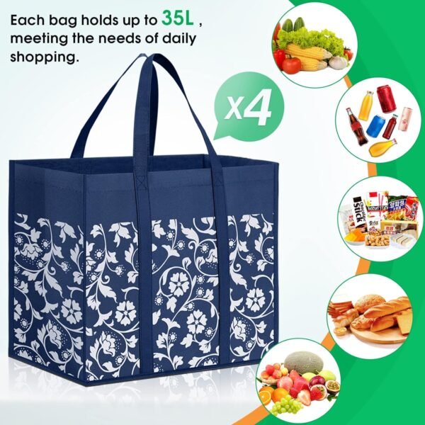 WOWBOX Reusable Grocery Bags Foldable Tote Bags Bulk with Reinforced Handles Shopping Bags for Groceries Heavy Duty Large Bags Kitchen Reusable Grocery Bags with Waterproof Coating 4-Pack, Blue - Image 4