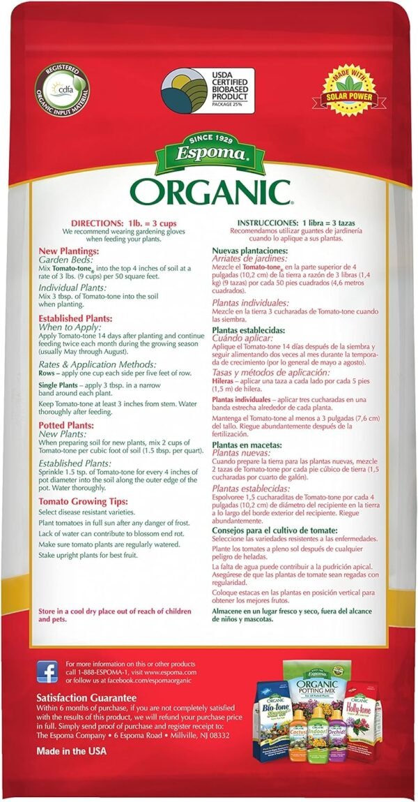 Espoma Organic Tomato-tone 3-4-6 with 8% Calcium. Organic Fertilizer for all types of Tomatoes and Vegetables. Promotes flower and fruit production. 8 lb. Bag - Image 2