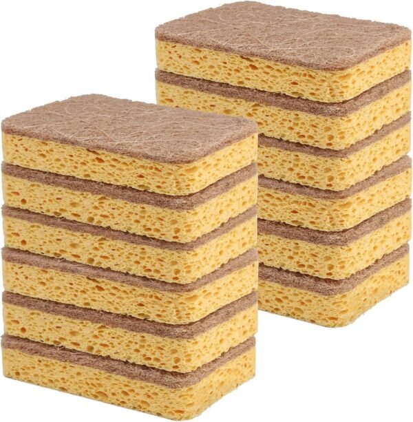 12 Pack Non-Scratch Scrub Sponge, Natural Kitchen Sponges for Cleaning Kitchen, Eco Friendly Biodegradable Sponges for Dishes, No-Stick Cookware