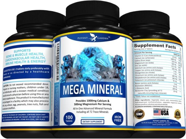 Mega Mineral Supplement Complete Mineral Complex with Calcium Magnesium Zinc Potassium Boron Selenium Chromium & 72 Trace Minerals Iron Free Calcium Supplement -100 Pills - Image 7