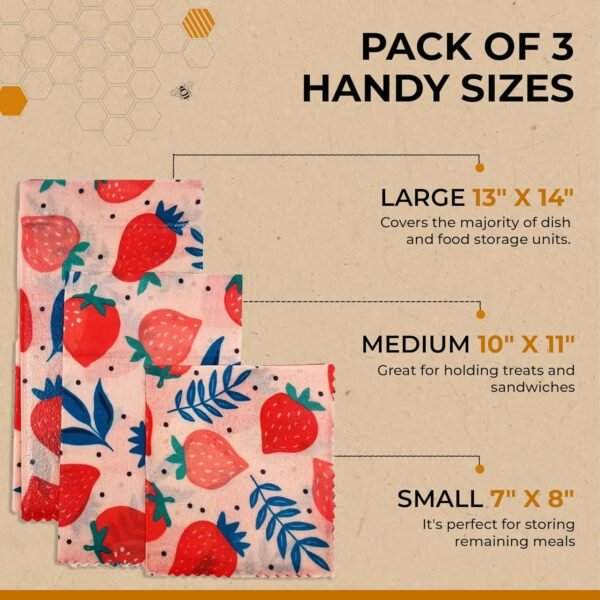 10 Pack Strawberries Beeswax Wraps, 100% Organic, Eco Friendly, Zero Waste, Reusable, Washable - Kitchen Food Storage for Breads, Fruits, Vegetables | 4pcs Small, 3pcs Medium, 3pcs Large - Image 3