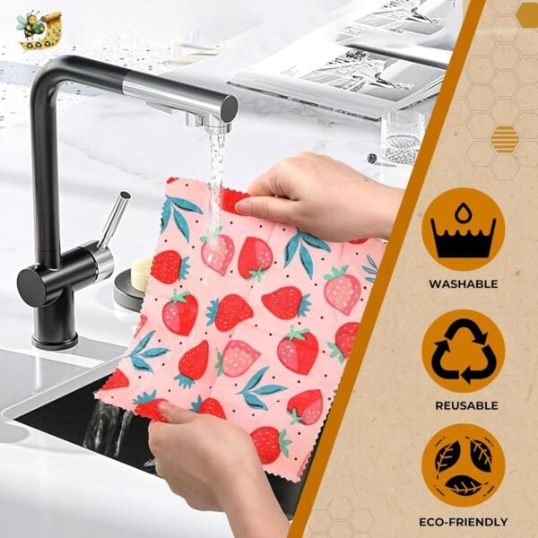 10 Pack Strawberries Beeswax Wraps, 100% Organic, Eco Friendly, Zero Waste, Reusable, Washable - Kitchen Food Storage for Breads, Fruits, Vegetables | 4pcs Small, 3pcs Medium, 3pcs Large - Image 2