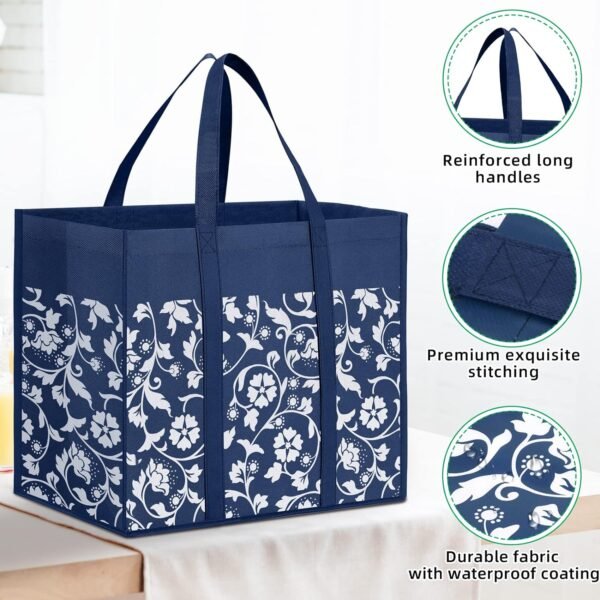 WOWBOX Reusable Grocery Bags Foldable Tote Bags Bulk with Reinforced Handles Shopping Bags for Groceries Heavy Duty Large Bags Kitchen Reusable Grocery Bags with Waterproof Coating 4-Pack, Blue - Image 5