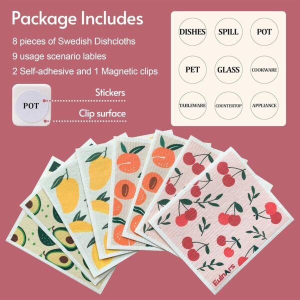 Swedish Dishcloths for Kitchen, 8 Pack Reusable Paper Towels with Clips, Non-Scratch Swedish Kitchen Towels, Super Absorbent Cellulose Sponge Cloths, Biodegradable, Dishwasher Safe, No Odor - Image 6