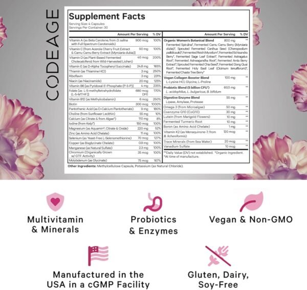 Codeage Women’s Daily Multivitamin, 25+ Vitamins & Minerals, Fermented, Organic Whole Foods, Probiotics Supplement - Vitamin A, Vitamin B, Vitamins C, D, E & K, Omega 3, Zinc – Vegan - 2 Pack - Image 2
