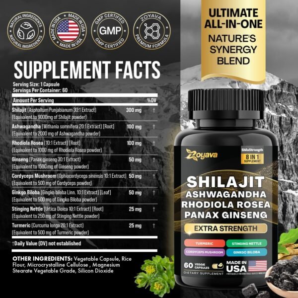 Shilajit 9000 Panax Ginseng 1500MG Ashwagandha 2000MG Rhodiola Rosea 1000MG, Turmeric 500MG, Gingko Biloba 500MG, Stinging Nettle 250MG, Cordyceps Mushroom 500MG (60 Caps) - Image 2