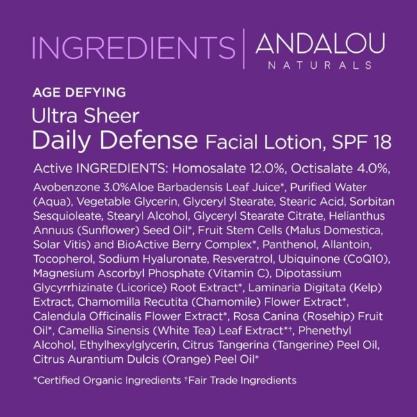 Andalou Naturals Ultra Sheer Daily Defense Facial Lotion, SPF 18, 2.7 oz, with Resveratrol CoQ10 and Antioxidants, Lightweight, Hydrating Facial Moisturizer - Image 8