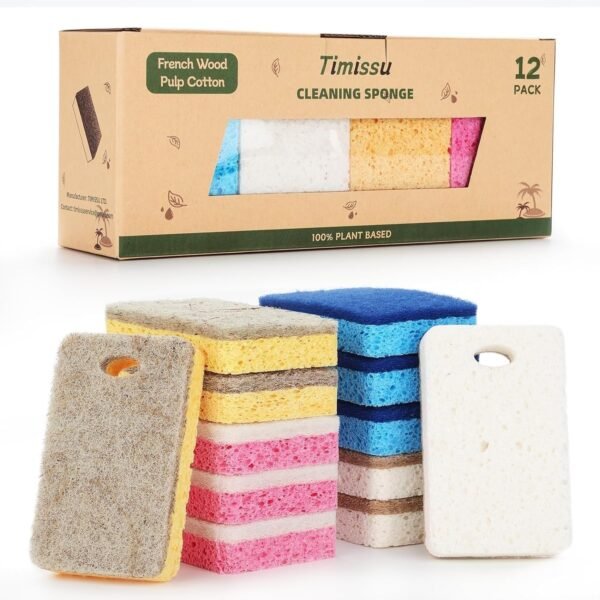 12 Pack Natural Kitchen Sponges, Plant-Based Biodegradable Sponge, Non-Scratch Scrubber for Dish & Sink Cleaning, Coconut Cellulose Household Dishwashing Color Bulk Sponges