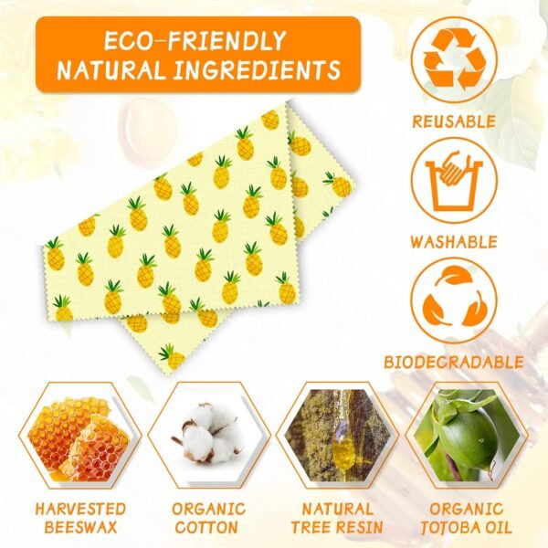Reusable Beeswax Wrap - 9 Pack, Beeswax Wraps for Food, Eco-Friendly Beeswax Food Wrap, Organic, Sustainable, Biodegradable, Zero Waste, Plastic-Free Food Storage, 1L Kiwi, 3M Pineapple, 5S Strawberry - Image 2