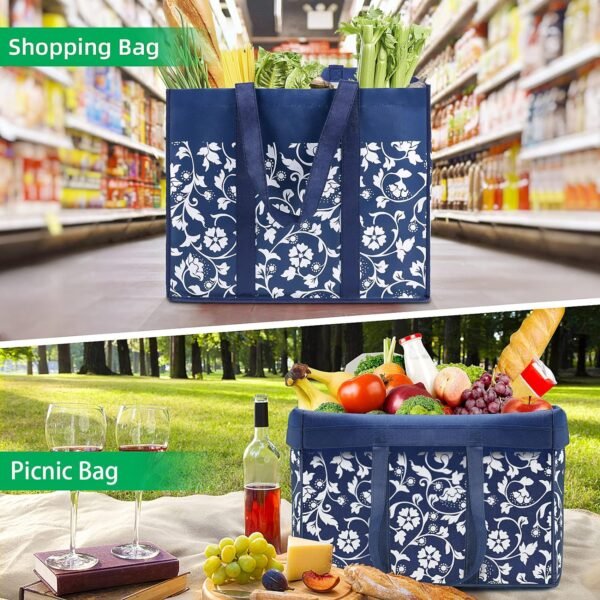 WOWBOX Reusable Grocery Bags Foldable Tote Bags Bulk with Reinforced Handles Shopping Bags for Groceries Heavy Duty Large Bags Kitchen Reusable Grocery Bags with Waterproof Coating 4-Pack, Blue - Image 7