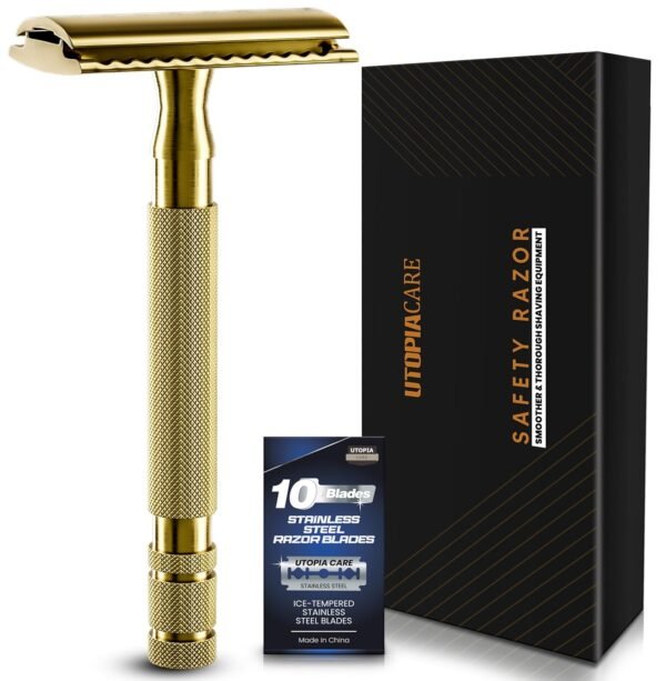 Utopia Care Double Edge Safety Razor for Men & Women with 10 Premium Stainless Steel Double Edge Razor Blades Refills for Single Blade Razors for Men & Women, Reusable One Blade Razor - Gold