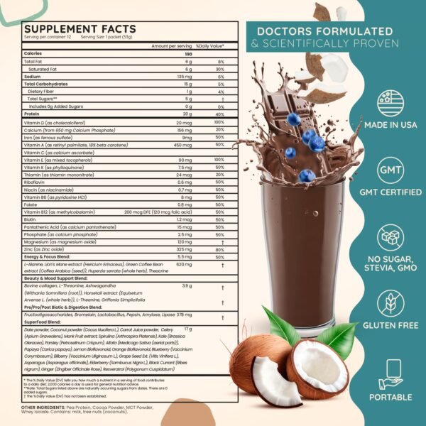 SuperFood Meal Replacement for Women - All-In-One Protein Powder with Greens & Vitamins & Collagen | Chocolate Protein Shake & Supplement Snack for Women's Health, Energy, Focus, Beauty, Mood, No Added Sugar ​​ (1 Sample Packet, Chocolate) - Image 4