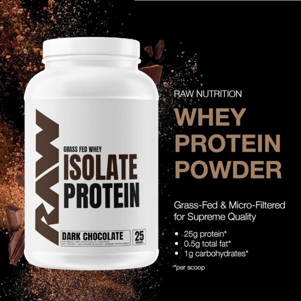 RAW Whey Isolate Protein Powder, Dark Chocolate - 100% Grass-Fed Sports Nutrition Protein Powder for Muscle Growth & Recovery - Low-Fat, Low Carb, Naturally Flavored & Sweetened - 25 Servings - Image 2