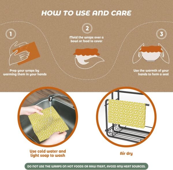 Reusable Beeswax Food Wraps Assorted 3 Pack, Eco-Friendly Wax Sheet Wrappers, Biodegradable Organic Cloth, Zero Waste Kit, Sustainable Gifts - Image 6