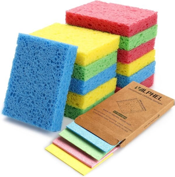 12 Counts Multipurpose Kitchen Sponges Pack Compostable Biodegradable Cellulose Sponges 18X Super Absorption Compressed Eco Household Sponges