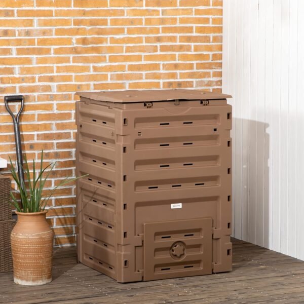 Outsunny Garden Compost Bin, 120 Gallon (450L) Garden Composter, BPA Free, with 80 Vents and 2 Sliding Doors, Lightweight & Sturdy, Fast Creation of Fertile Soil, Brown - Image 2