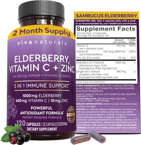 Viva Naturals Elderberry with Vitamin C and Zinc for Adults - 5 in 1 Sambucus Black Elderberry Capsules with Vitamin D3 5000 IU, Elderberries Immune Support Supplement 2 Months Supply Pills