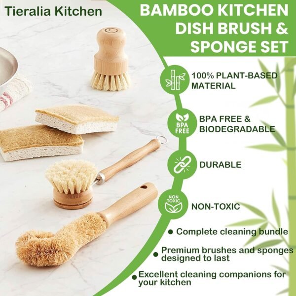 Tieralia 5-Piece Eco-Friendly Bamboo Dish Brush Set with Compostable Wood Pulp Sponges | Bamboo Dish Brushes Kitchen Cleaning Set | Dish Brush Set | Dish Brush - Image 7