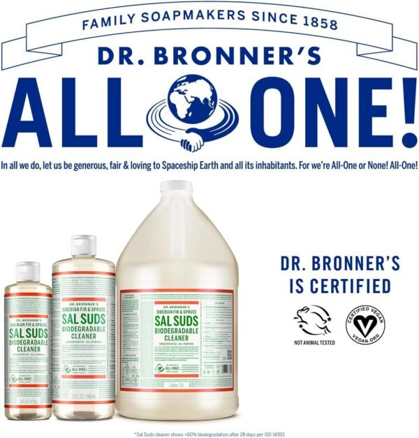 Dr. Bronner's - Sal Suds Biodegradable Cleaner (16 oz) - All-Purpose Cleaner, Pine Cleaner for Floors, Laundry and Dishes, Concentrated, Cuts Grease and Dirt, Powerful Cleaner - Image 6