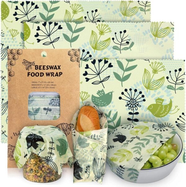 3 Pack Beeswax Wrap, Reusable Food Wraps, Eco-Friendly Reusable Beeswax Food Wraps Set, Zero Waste-Sustainable-Plastic-Free Food Storage Wrapper, 5S Apple, 1S,1M,1L/Flowers and Birds