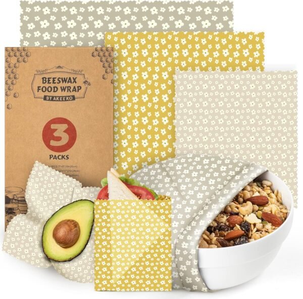 Reusable Beeswax Food Wraps Assorted 3 Pack, Eco-Friendly Wax Sheet Wrappers, Biodegradable Organic Cloth, Zero Waste Kit, Sustainable Gifts