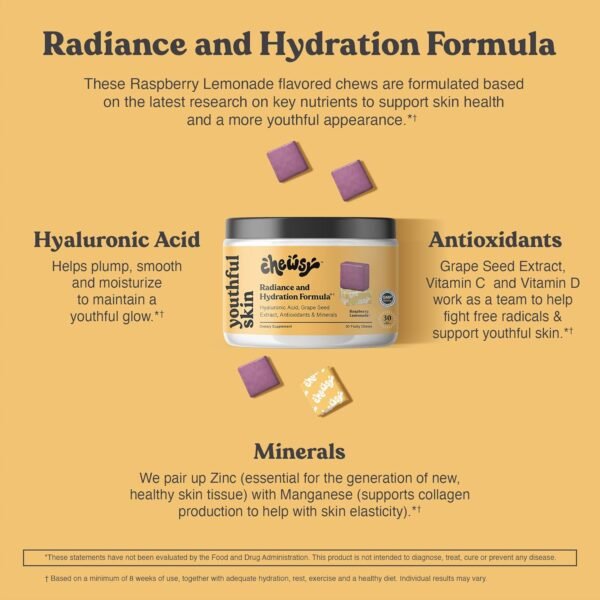 Youthful Skin, Fruity Chews Vitamins, Radiance & Hydration Formula, Hyaluronic Acid, Grape Seed Extract, Antioxidants & Minerals, Vitamins Raspberry Lemonade Flavor 30-Day Supply - Image 3