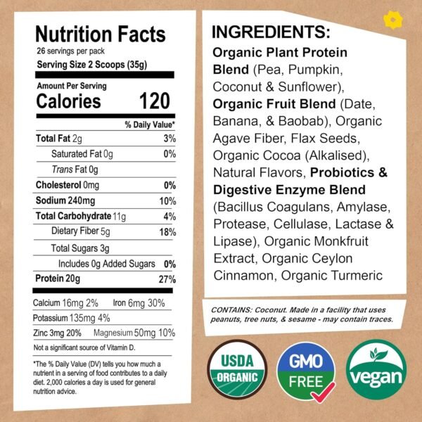 EarthChimp Organic Vegan Protein Powder - with Probiotics - Non GMO, Dairy Free, Non Whey, Plant Based Protein Powder for Women and Men, Gluten Free - 26 Servings 32 Oz (Vanilla) - Image 2