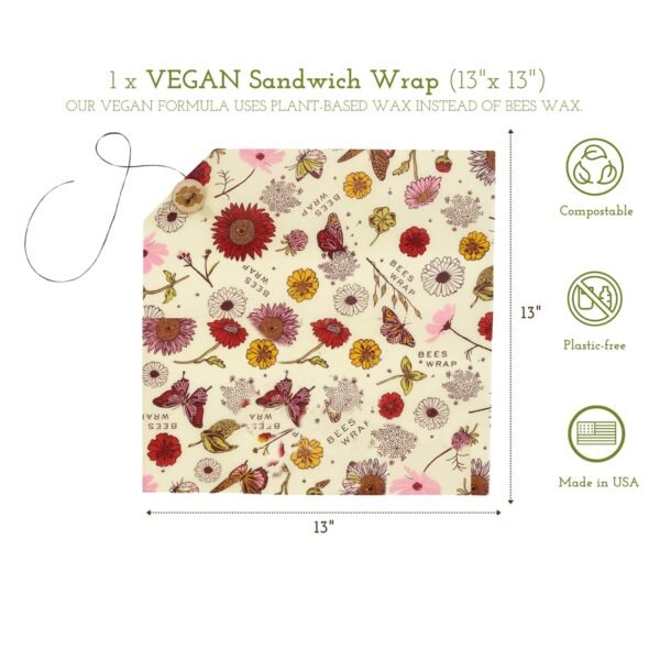 Bee's Wrap Reusable Vegan Alternative to Beeswax Food Wraps, Made in the USA, Eco Friendly Wraps for Food, Sustainable Bread Wraps, Organic Cotton Food Wraps, Sandwich Wrap for Bread, Vegan - Image 2