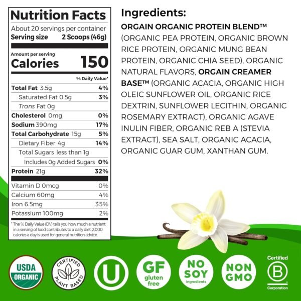 Orgain Organic Vegan Protein Powder, Vanilla Bean - 21g Plant Protein, 6g Prebiotic Fiber, No Lactose Ingredients, No Added Sugar, Non-GMO, For Shakes & Smoothies, 2.03 lb (Packaging May Vary) - Image 2