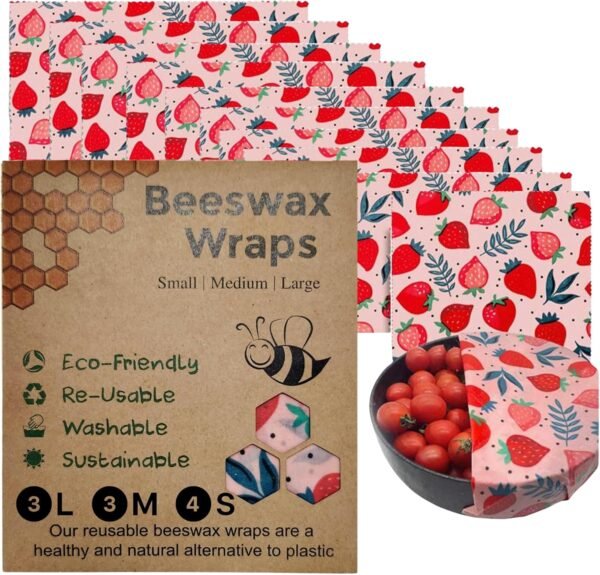 10 Pack Strawberries Beeswax Wraps, 100% Organic, Eco Friendly, Zero Waste, Reusable, Washable - Kitchen Food Storage for Breads, Fruits, Vegetables | 4pcs Small, 3pcs Medium, 3pcs Large