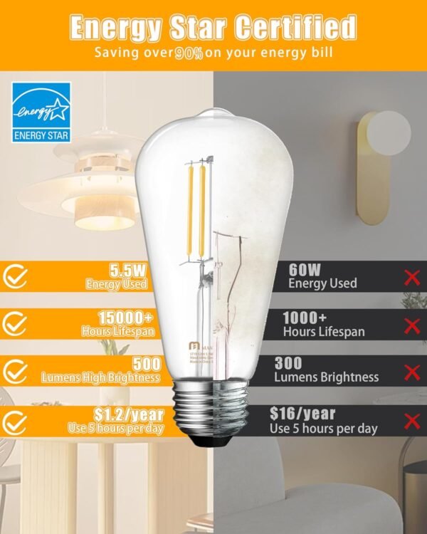 MASTERY MART 10 Pack Vintage LED Edison Bulbs, E26 Led Bulb 5.5W Equivalent to 60W, Dimmable, Soft White 2700K, High Brightness ST58 Antique LED Filament Bulbs, Clear Glass - Image 5