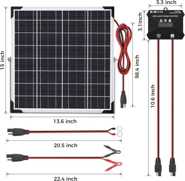 Solar Panel Kit 20W 12V, Solar Battery Trickle Charger Maintainer, Waterproof Solar Panel + Upgrade Charge Controller + Adjustable Mount Bracket for Boat RV Motorcycle Marine - Image 7