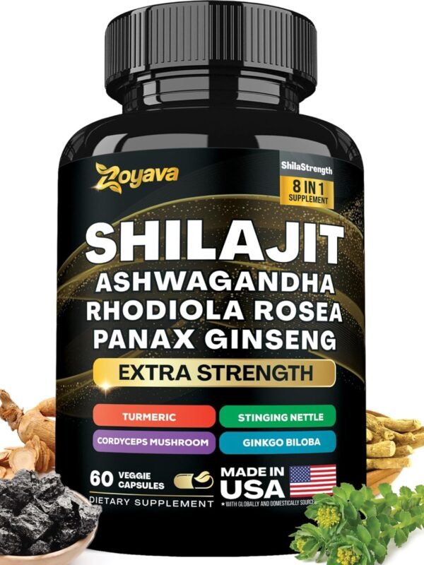 Shilajit 9000 Panax Ginseng 1500MG Ashwagandha 2000MG Rhodiola Rosea 1000MG, Turmeric 500MG, Gingko Biloba 500MG, Stinging Nettle 250MG, Cordyceps Mushroom 500MG (60 Caps)