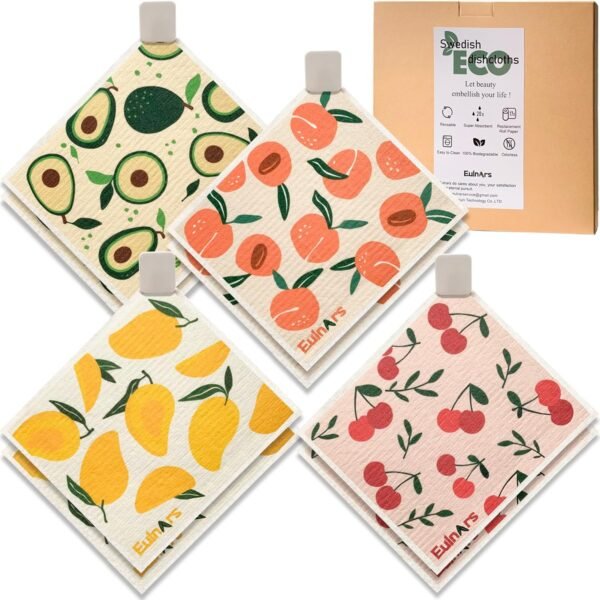 Swedish Dishcloths for Kitchen, 8 Pack Reusable Paper Towels with Clips, Non-Scratch Swedish Kitchen Towels, Super Absorbent Cellulose Sponge Cloths, Biodegradable, Dishwasher Safe, No Odor