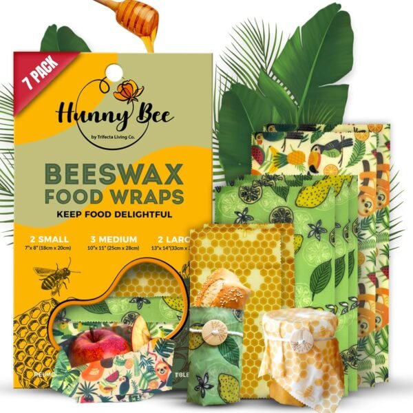 Versatile Beeswax Wraps,Set of 7-Fresh Food Keeper, Durable & Easily Cleaned, Sustainable Step Towards a Zero-Waste Kitchen, Unique Designs (Honeycomb, Lemon, Tropical Animals)