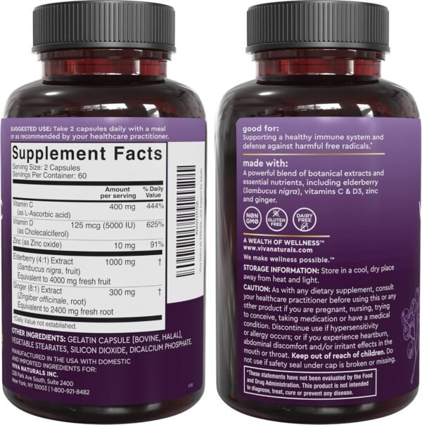 Viva Naturals Elderberry with Vitamin C and Zinc for Adults - 5 in 1 Sambucus Black Elderberry Capsules with Vitamin D3 5000 IU, Elderberries Immune Support Supplement 2 Months Supply Pills - Image 8