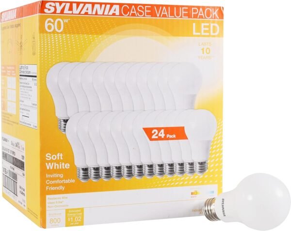 SYLVANIA LED A19 Light Bulb, 60W Equivalent, Efficient 8.5W, 10 Year, 2700K, 800 Lumens, Frosted, Soft White - 24 Pack (74765), Packaging may vary.