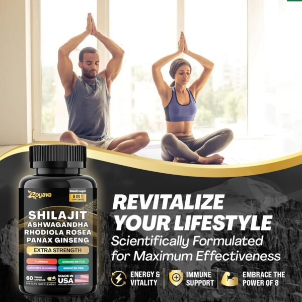 Shilajit 9000 Panax Ginseng 1500MG Ashwagandha 2000MG Rhodiola Rosea 1000MG, Turmeric 500MG, Gingko Biloba 500MG, Stinging Nettle 250MG, Cordyceps Mushroom 500MG (60 Caps) - Image 7