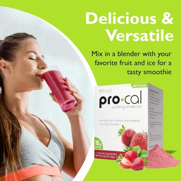 Pro-Cal Pudding/Shake Mix, Low Calorie Protein Shake Powder, Meal Replacement Shakes, Strawberry-Flavored Boost Drink, Kosher, 15g Protein, 7 Packets per Box - Image 5