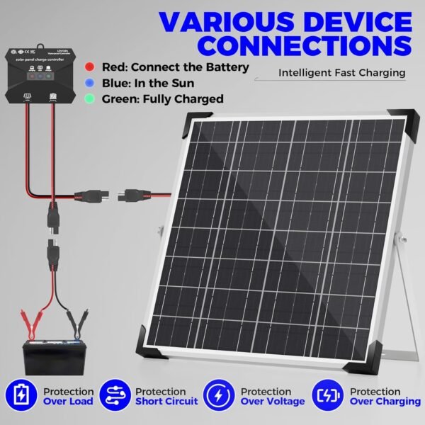 Solar Panel Kit 20W 12V, Solar Battery Trickle Charger Maintainer, Waterproof Solar Panel + Upgrade Charge Controller + Adjustable Mount Bracket for Boat RV Motorcycle Marine - Image 8