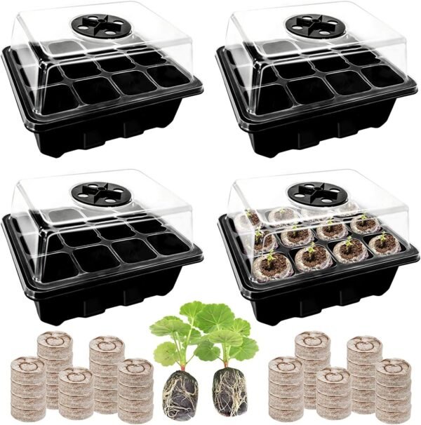 Halatool Seed Starter Kit 4 Pack 48 Cells Black Seed Starter Tray with 50 PCS Peat Pellets for Seedlings Organic Seed Stater Soil Pods for Planting Vegetables Plants Flowers & Starting Seeds